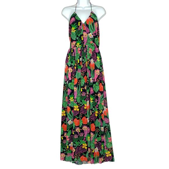 Betsey Johnson L NEW Paulina Tropical Print Halter Maxi Dress In Raven Black - Picture 2 of 11